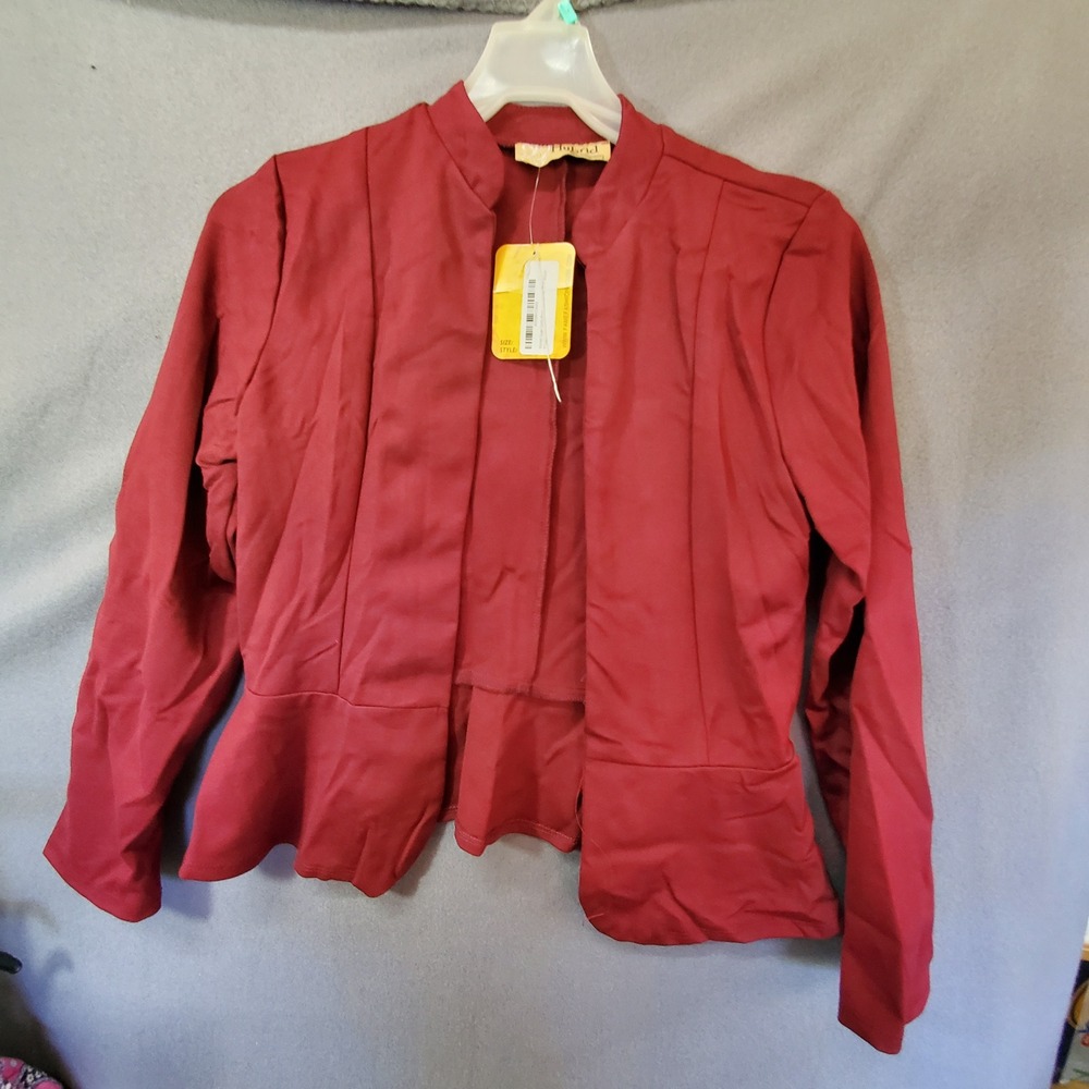 Hybrid & Company Womens Red Peplum Open Front Blazer Mock Neck Jacket Medium NWT